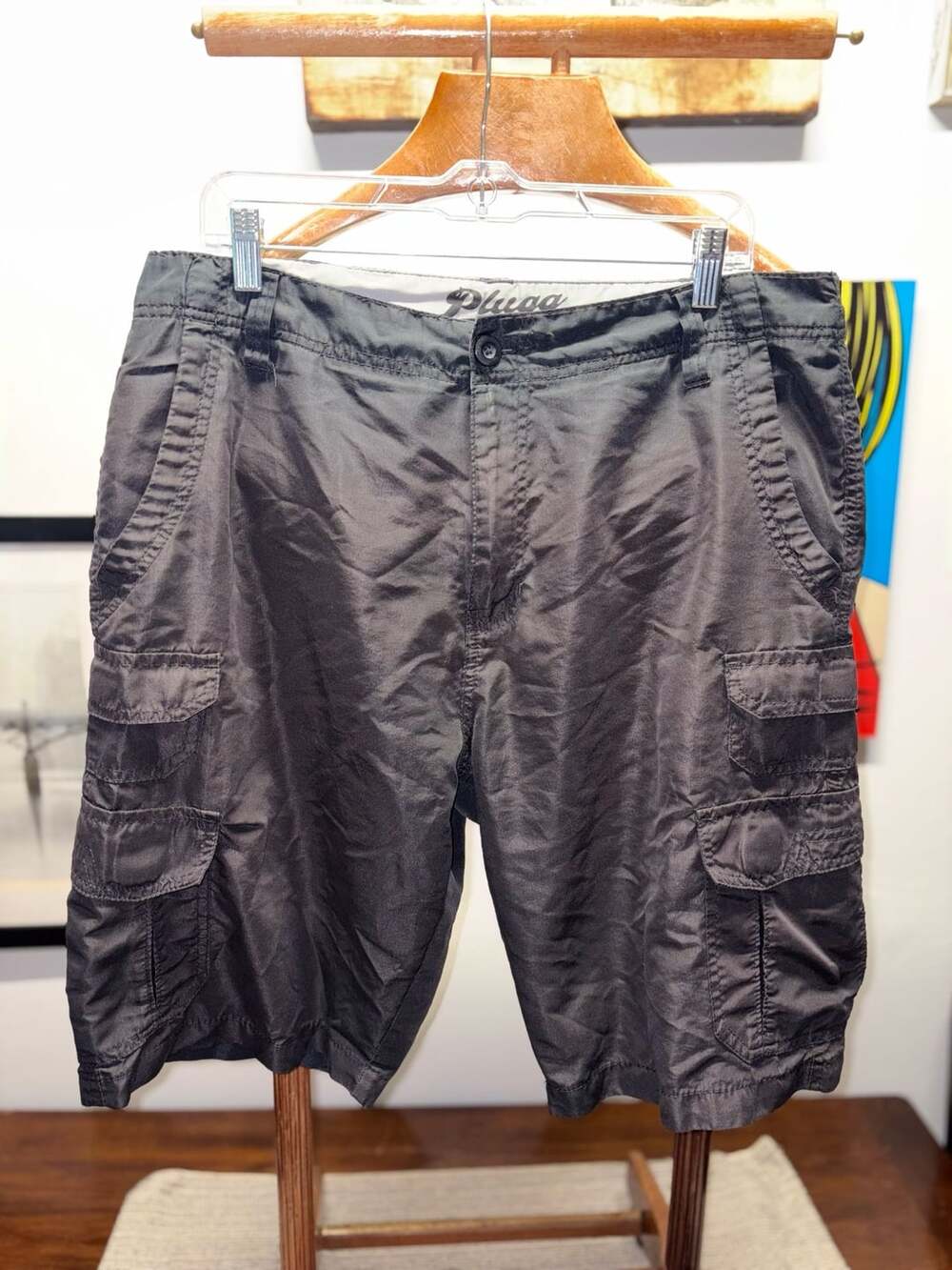 Plugg Cargo Shorts Size 34 Black Polyester Multi Pocket Utility